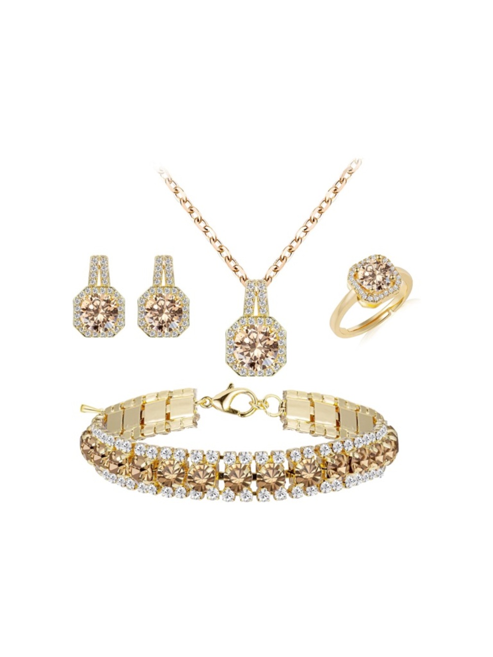 Gold Tone Champagne Crystal Jewelry Set - Necklace Earrings Bracelet Ring